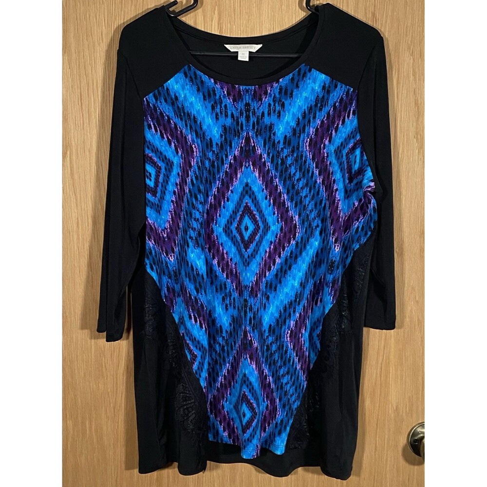 Laura Ashley Women's 1X Tunic Top Geometric Lace Jersey Knit Stretch Boho Artsy